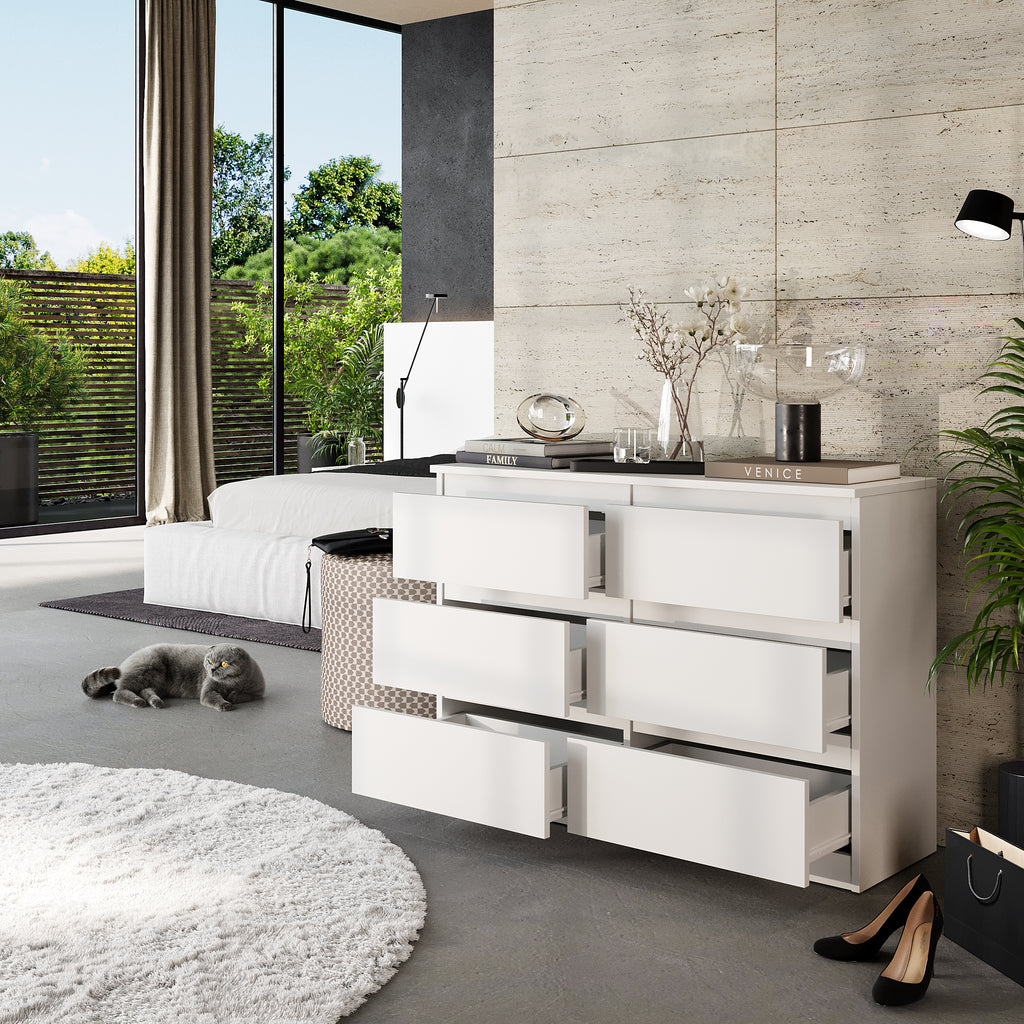 GABRIEL - Chest of 6 Drawers - Bedroom Dresser Storage Cabinet Sideboard - White Matt H71cm W100cm D33cm