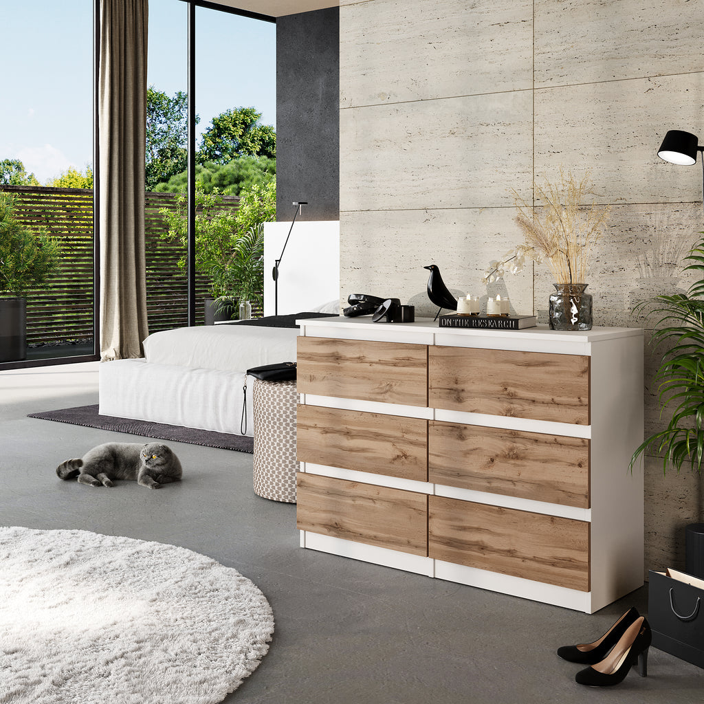 GABRIEL - Chest of 6 Drawers - Bedroom Dresser Storage Cabinet Sideboard - White Matt / Wotan Oak H71cm W100cm D33cm