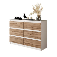 GABRIEL - Chest of 6 Drawers - Bedroom Dresser Storage Cabinet Sideboard - White Matt / Wotan Oak H71cm W100cm D33cm