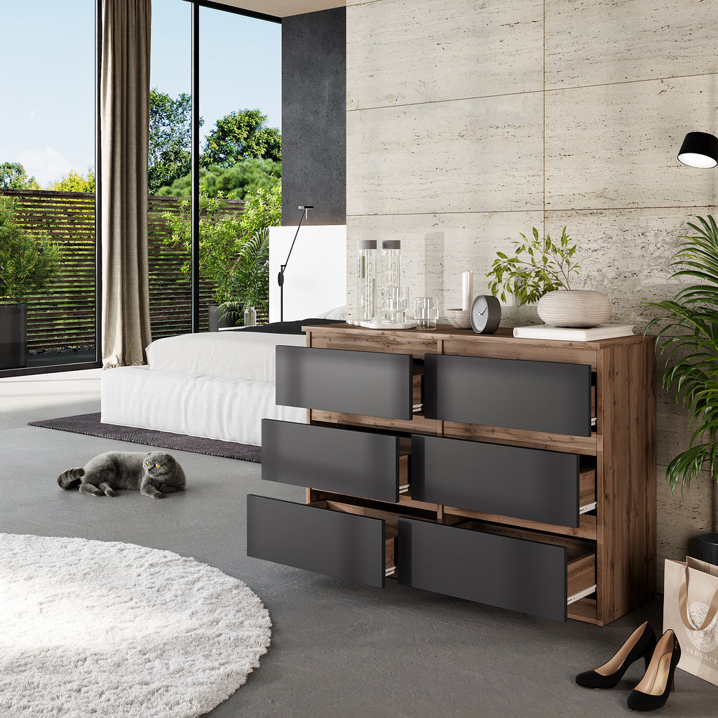 GABRIEL - Chest of 6 Drawers - Bedroom Dresser Storage Cabinet Sideboard - Wotan Oak / Anthracite H71cm W100cm D33cm