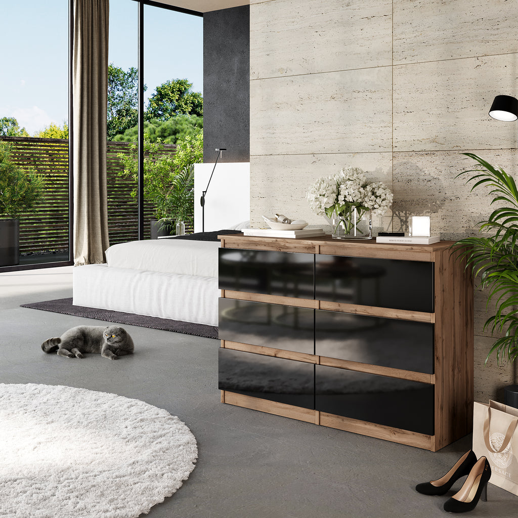 GABRIEL - Chest of 6 Drawers - Bedroom Dresser Storage Cabinet Sideboard - Wotan Oak / Black Gloss H71cm W100cm D33cm