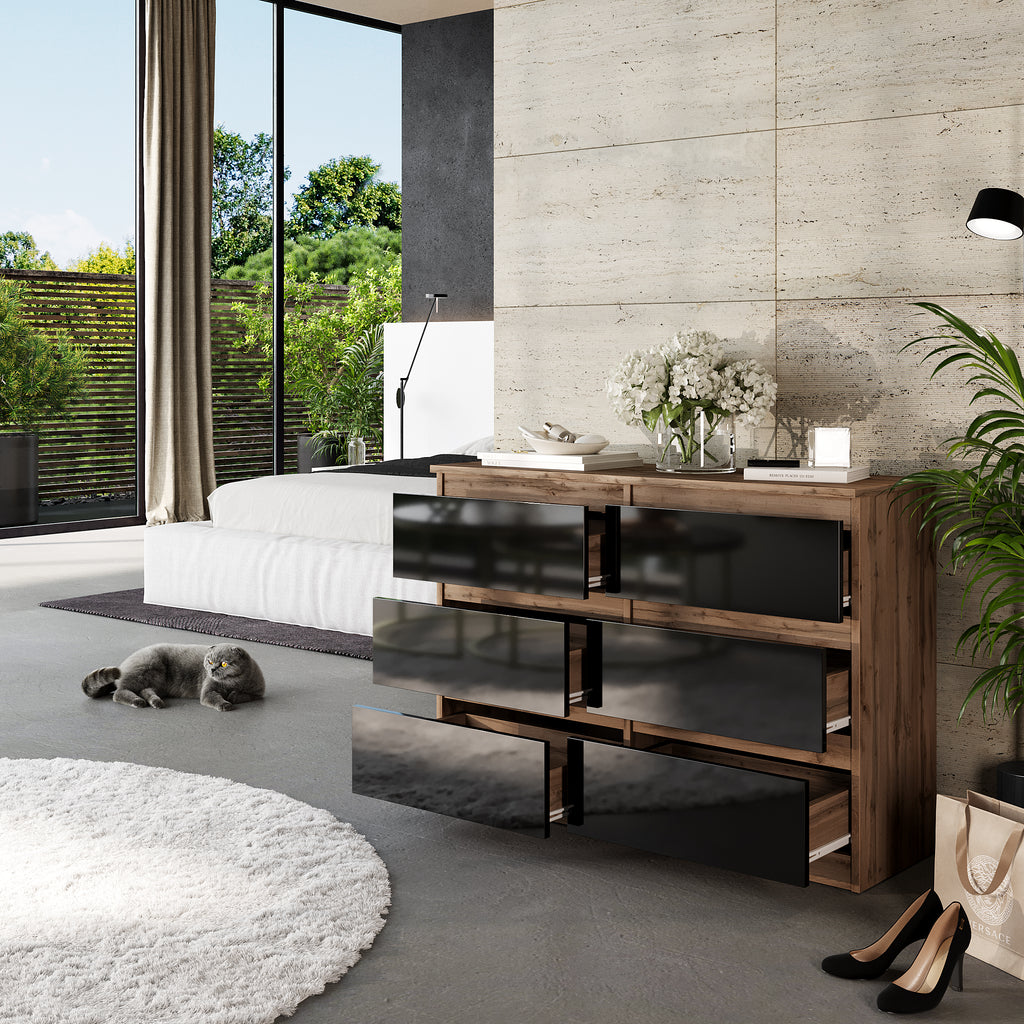 GABRIEL - Chest of 6 Drawers - Bedroom Dresser Storage Cabinet Sideboard - Wotan Oak / Black Gloss H71cm W100cm D33cm