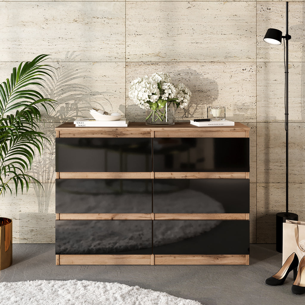 GABRIEL - Chest of 6 Drawers - Bedroom Dresser Storage Cabinet Sideboard - Wotan Oak / Black Gloss H71cm W100cm D33cm
