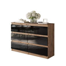 GABRIEL - Chest of 6 Drawers - Bedroom Dresser Storage Cabinet Sideboard - Wotan Oak / Black Gloss H71cm W100cm D33cm