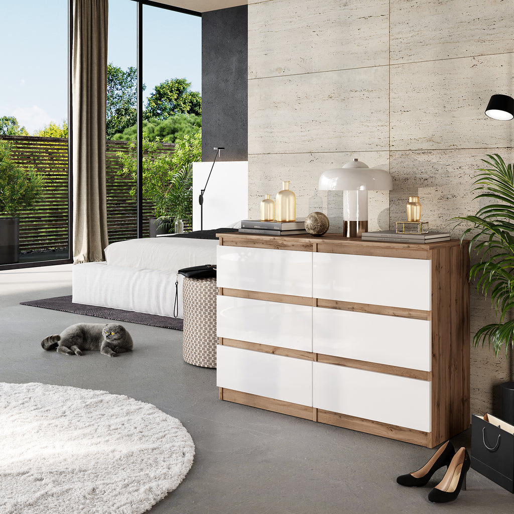 GABRIEL - Chest of 6 Drawers - Bedroom Dresser Storage Cabinet Sideboard - Wotan Oak / White Gloss H71cm W100cm D33cm