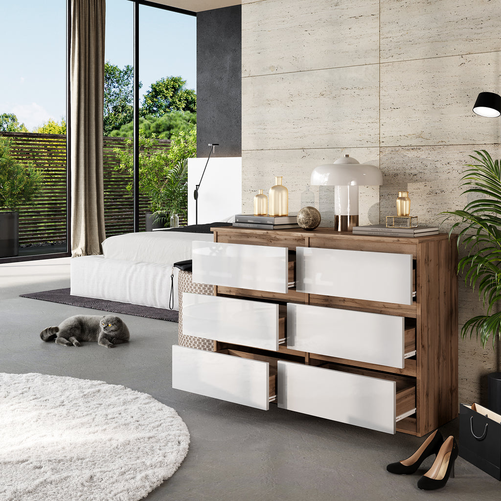 GABRIEL - Chest of 6 Drawers - Bedroom Dresser Storage Cabinet Sideboard - Wotan Oak / White Gloss H71cm W100cm D33cm