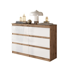 GABRIEL - Chest of 6 Drawers - Bedroom Dresser Storage Cabinet Sideboard - Wotan Oak / White Gloss H71cm W100cm D33cm