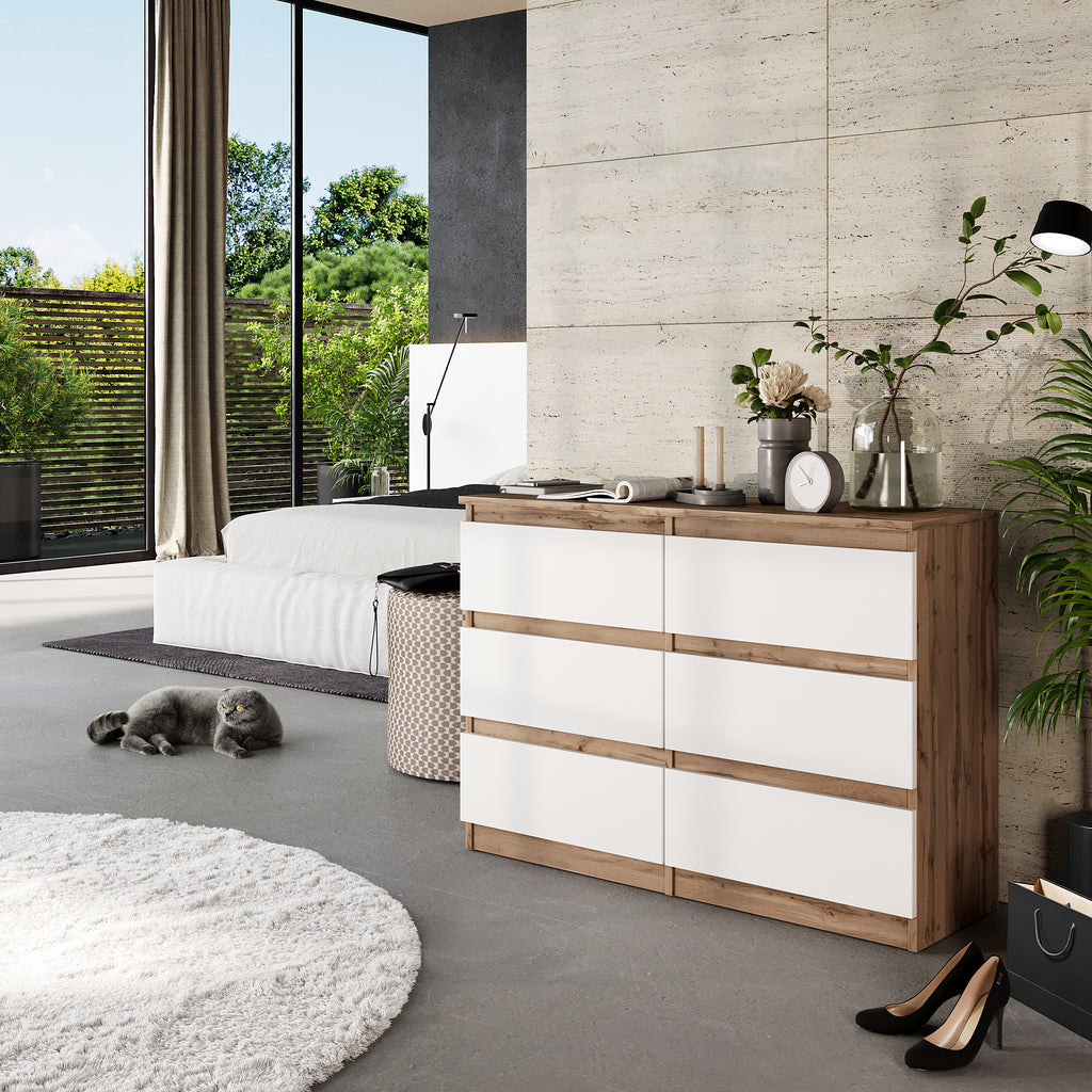 GABRIEL - Chest of 6 Drawers - Bedroom Dresser Storage Cabinet Sideboard - Wotan Oak / White Matt H71cm W100cm D33cm