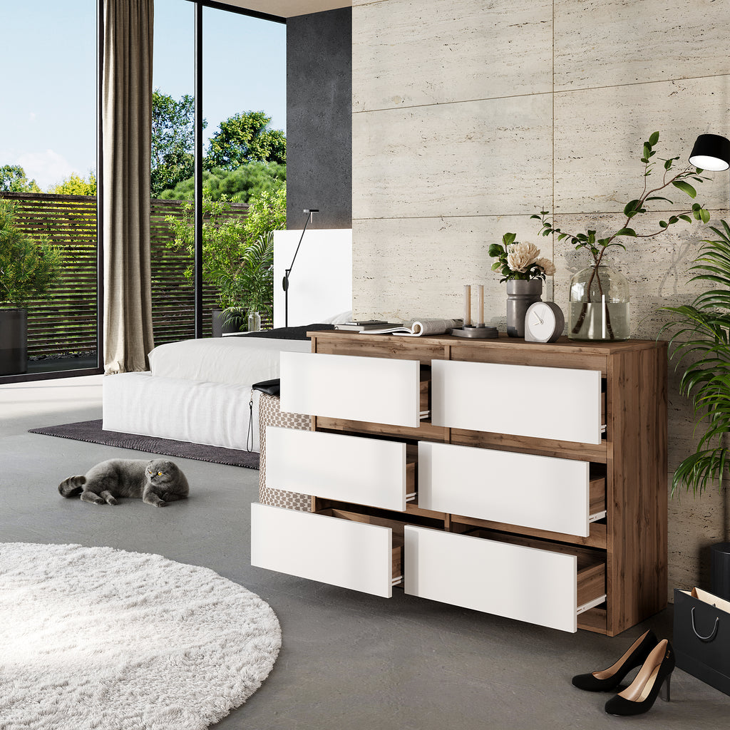 GABRIEL - Chest of 6 Drawers - Bedroom Dresser Storage Cabinet Sideboard - Wotan Oak / White Matt H71cm W100cm D33cm