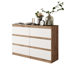 GABRIEL - Chest of 6 Drawers - Bedroom Dresser Storage Cabinet Sideboard - Wotan Oak / White Matt H71cm W100cm D33cm