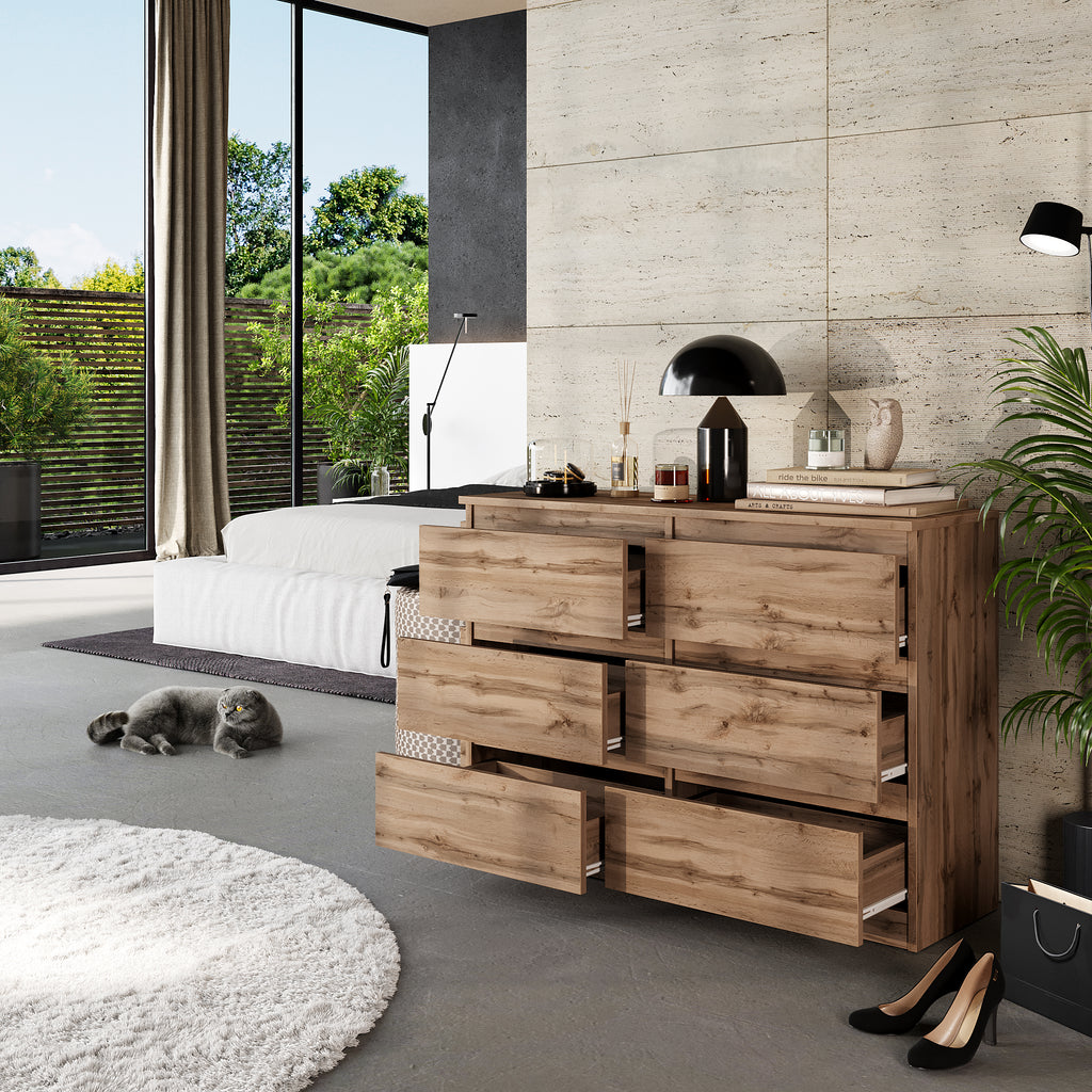 GABRIEL - Chest of 6 Drawers - Bedroom Dresser Storage Cabinet Sideboard - Wotan Oak H71cm W100cm D33cm