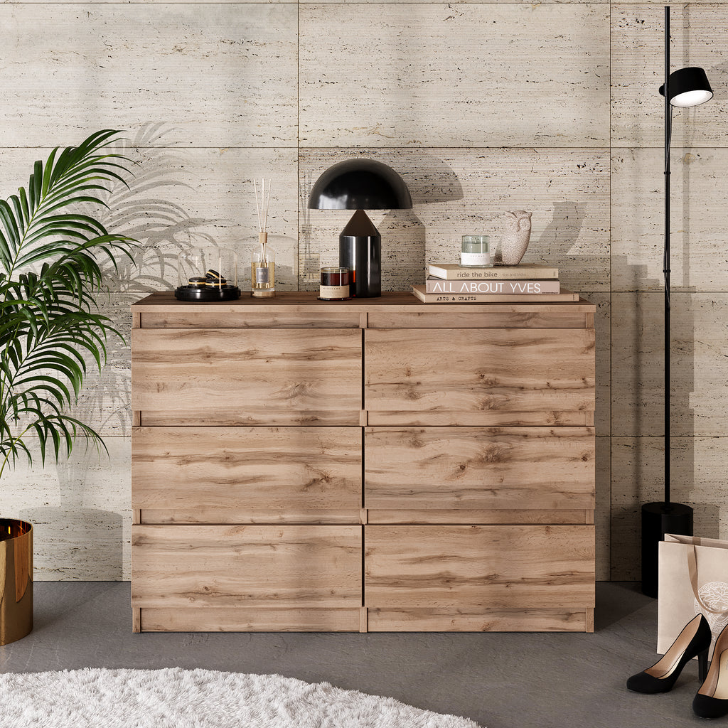 GABRIEL - Chest of 6 Drawers - Bedroom Dresser Storage Cabinet Sideboard - Wotan Oak H71cm W100cm D33cm