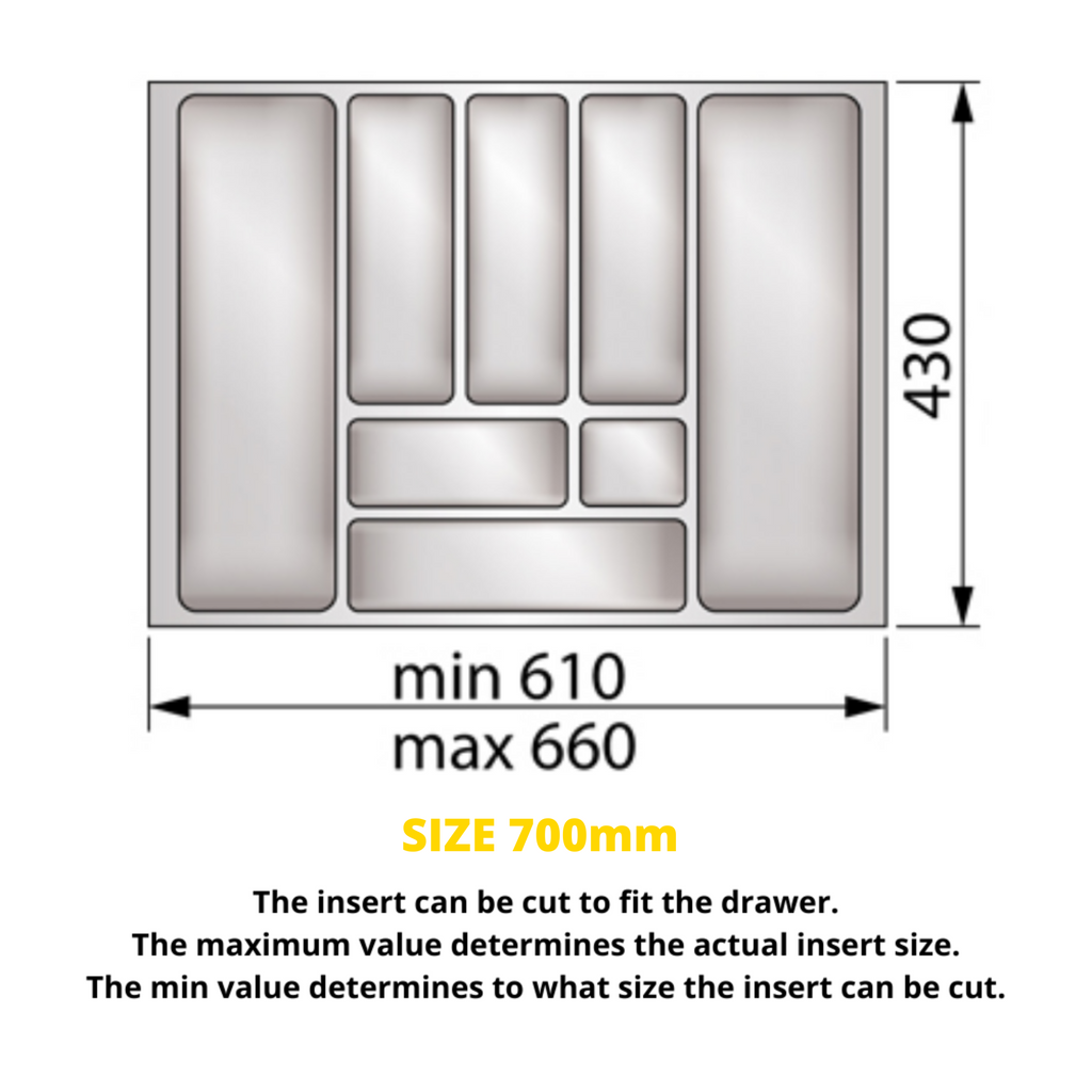 Cutlery Tray for Drawer, Cabinet Widths: 700-800mm, Depth: 430mm, Metallic