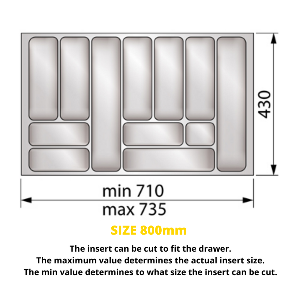 Cutlery Tray for Drawer, Cabinet Widths: 700-800mm, Depth: 430mm, Metallic