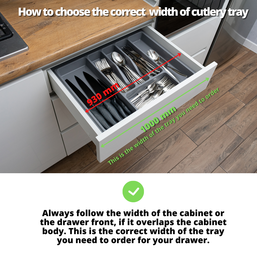 Cutlery Tray for Drawer, Cabinet Width: 1000mm, Depth: 490mm - White