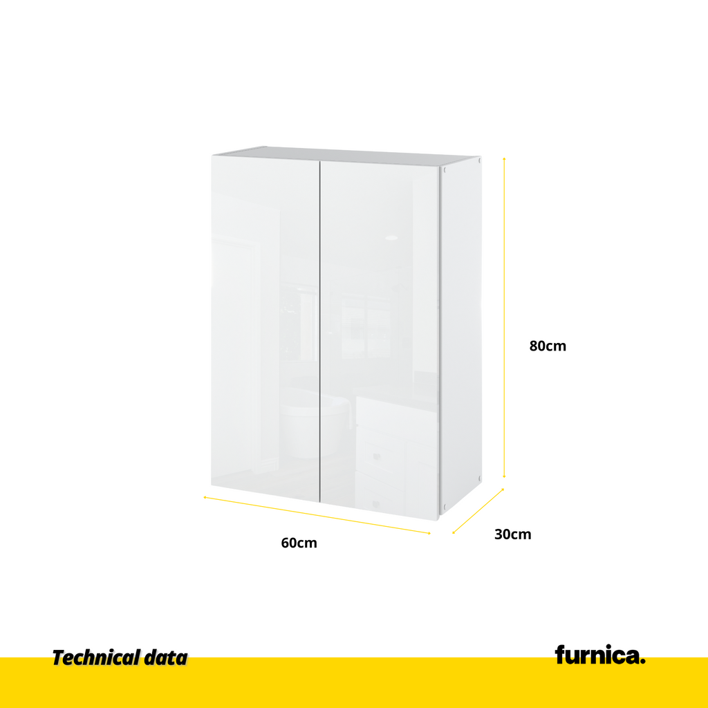 EMILY Bathroom Cabinet Storage Hanging Unit with Doors and Shelves - White Matt / White Gloss H80cm W60cm D30cm
