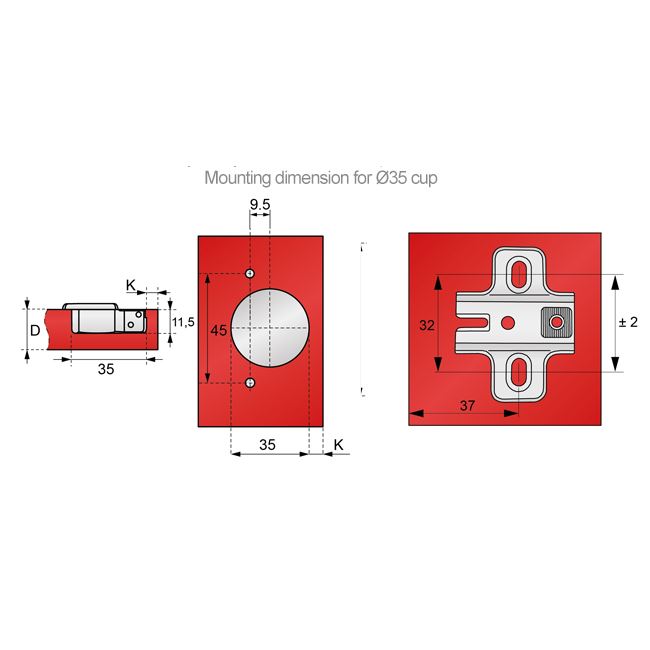 110° Hinge, H0 Mounting Plate with EURO Screws, Overlay Doors
