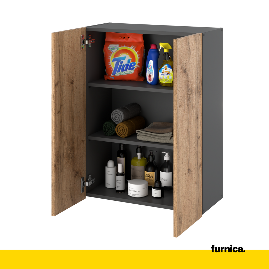 EMILY Bathroom Cabinet Storage Hanging Unit with Doors and Shelves - Anthracite / Wotan Oak H80cm W60cm D30cm