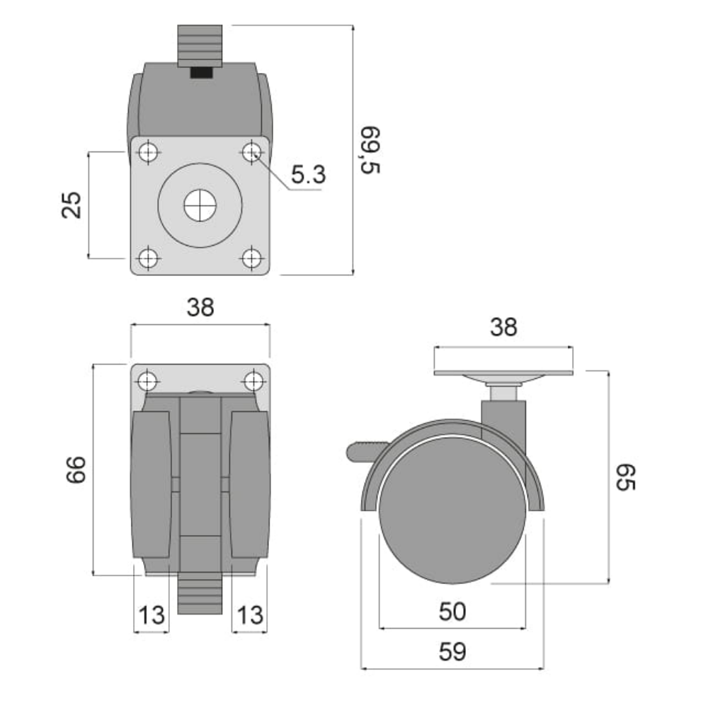 Furniture Plastic Swivel Wheel with Brake and Mounting Plate Ø50 mm