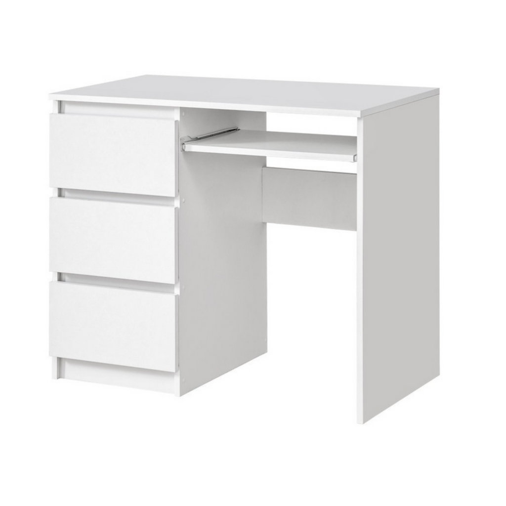 BRUNO- Computer Desk with 3 Drawers and Keyboard Tray H76cm W90cm D50cm Left - White Matt