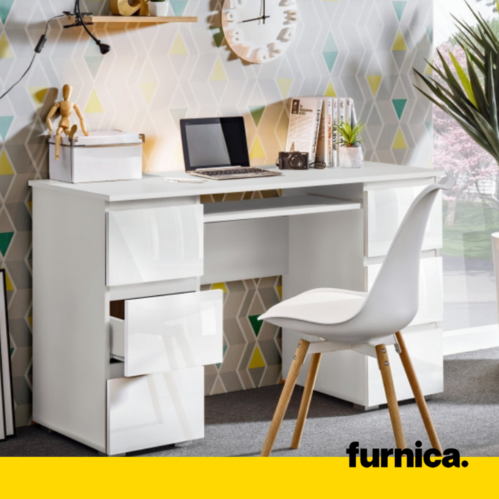 CUBA - Computer Desk with 6 Push to Open Drawers and Keyboard Tray H78cm W130cm D50cm - White / White Gloss