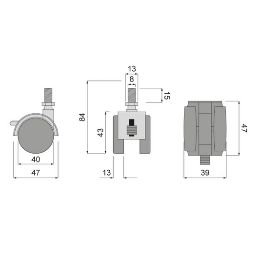Furniture Plastic Swivel Wheel with 8mm Thread and Brake - Ø40 mm