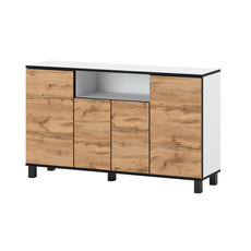 CALVIN - TV Cabinet with 4 Doors - Living Room Storage Sideboard - White Matt / Wotan Oak H80cm W140cm D35cm