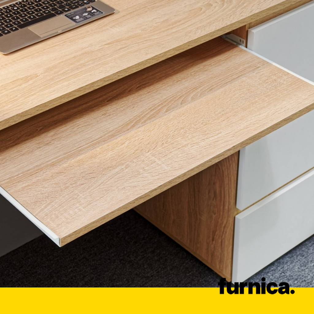 BRUNO- Computer Desk with 3 Drawers and Keyboard Tray H76cm W90cm D50cm Right - Sonoma Oak / White Matt