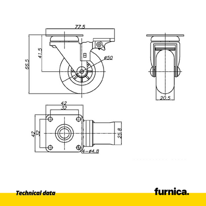 Furniture Wheel with Mounting Plate and Brake - Transparent - Chrome - Ø5.0cm