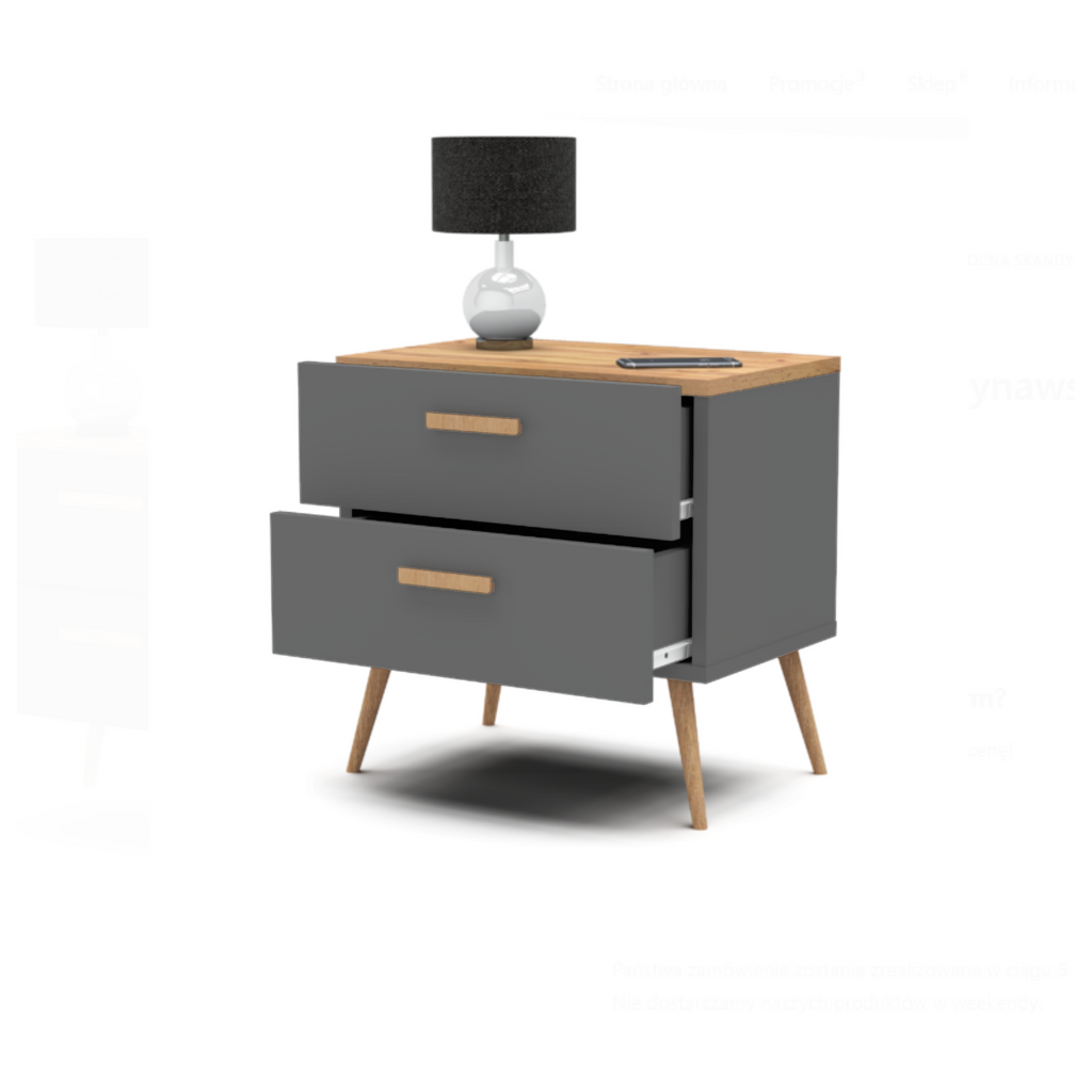 INGRID - Scandinavian Bedside Table - Nightstand with 2 Drawers - Anthracite Grey / Wotan Oak H45cm W45cm D30cm