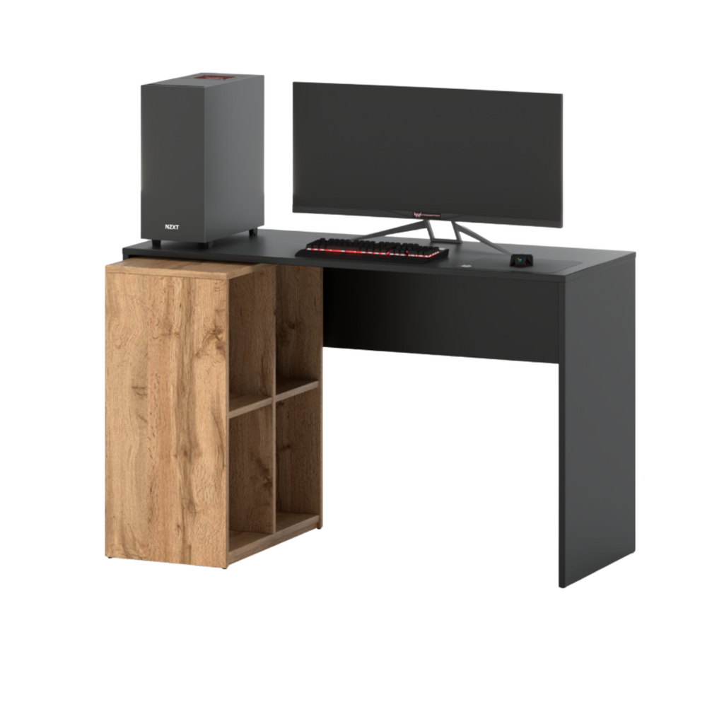 CHARLES - Computer Desk with Shelving Unit H77cm W120cm D50cm - Anthracite Grey / Wotan Oak