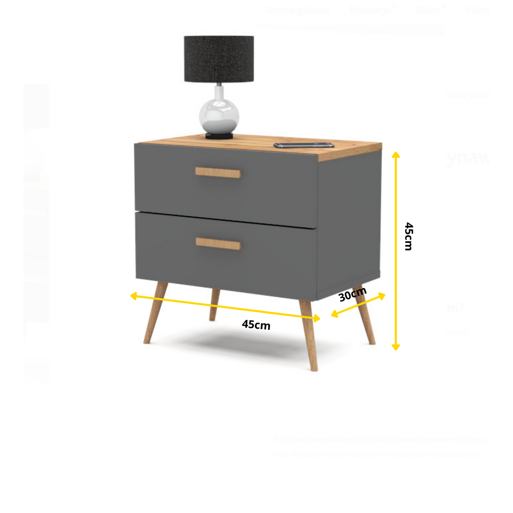 INGRID - Scandinavian Bedside Table - Nightstand with 2 Drawers - Anthracite Grey / Wotan Oak H45cm W45cm D30cm