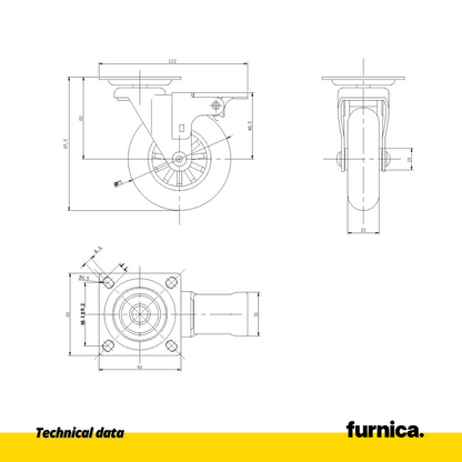 Furniture Wheel with Mounting Plate and Brake - Transparent - Chrome - Ø7.5cm
