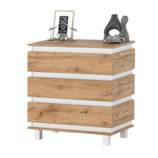 MARGARET - Chest of 3 Drawers - Bedroom Dresser Storage Cabinet Sideboard - White Matt / Wotan Oak H86cm W83cm D44cm