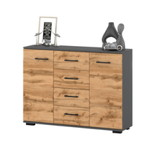 MARK - Chest of 4 Drawers and 2 Doors - Bedroom Dresser Storage Cabinet Sideboard - Anthracite / Wotan Oak H85cm W120cm D35cm