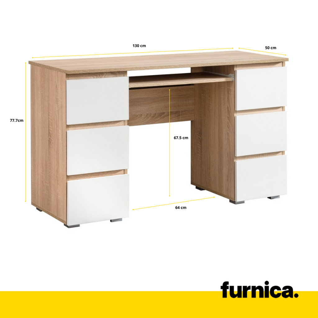 CUBA - Computer Desk with 6 Push to Open Drawers and Keyboard Tray H78cm W130cm D50cm - White / White Gloss