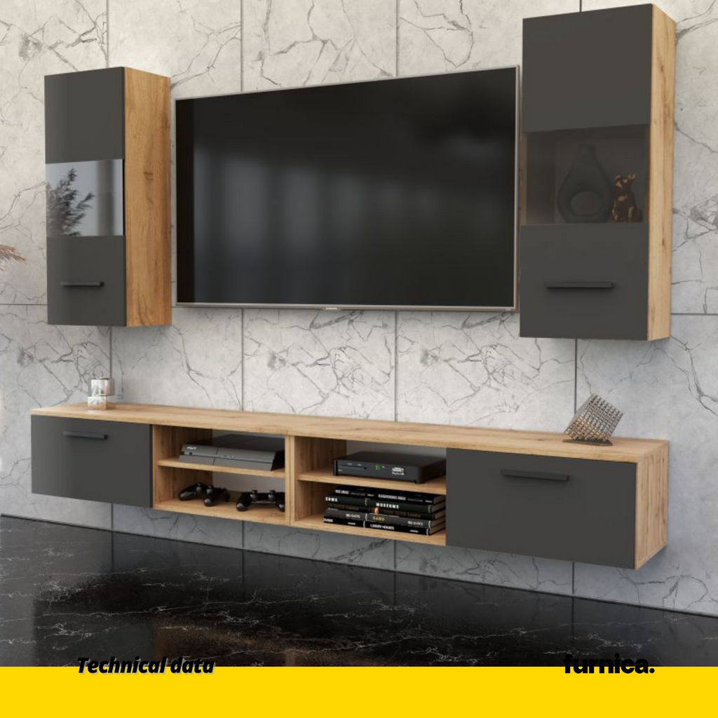 MIRANDA - Hanging TV Unit Set - 4 Cabinets - Wotan Oak / Anthracite Grey