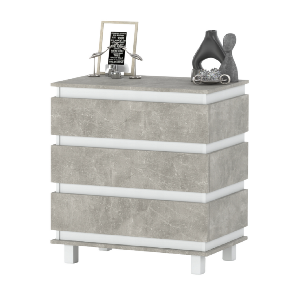 MARGARET - Chest of 3 Drawers - Bedroom Dresser Storage Cabinet Sideboard -  White Matt / Concrete H86cm W83cm D44cm - Furnica