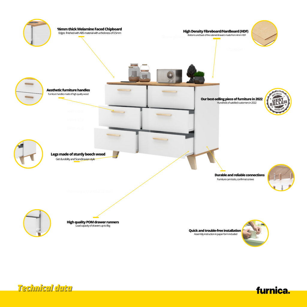 INGRID Scandinavian Chest of 6 Drawers White Matt Wotan Oak