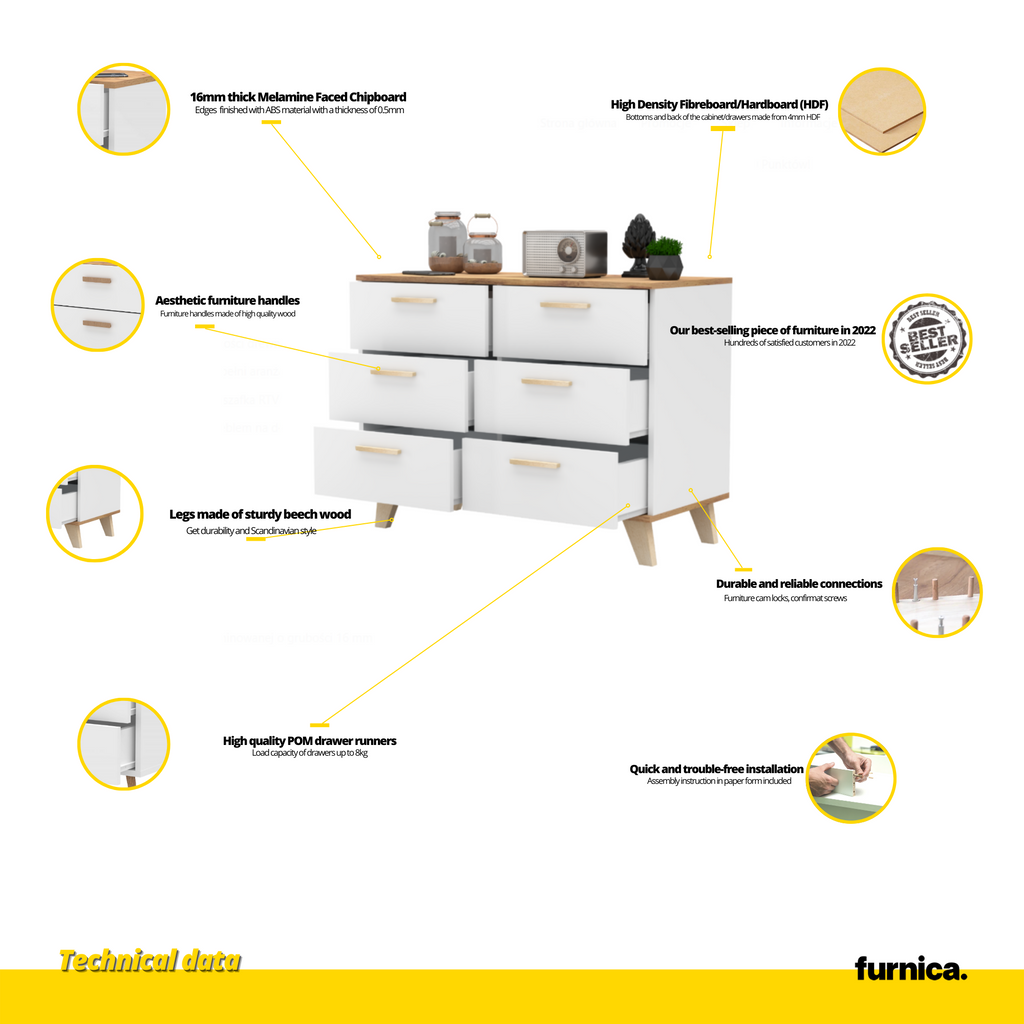 INGRID - Scandinavian Chest of 6 Drawers - White Matt / Wotan Oak H75cm W100cm D45cm