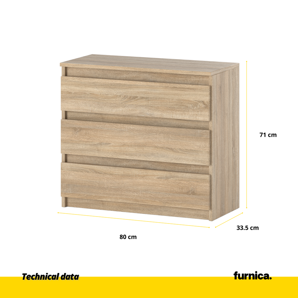 GABRIEL - Chest of 3 Drawers - Bedroom Dresser Storage Cabinet Sideboard -  Sonoma Oak H71cm W80cm D33cm