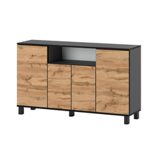 CALVIN - TV Cabinet with 4 Doors - Living Room Storage Sideboard - Anthracite Grey / Wotan Oak H80cm W140cm D35cm
