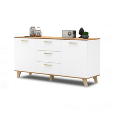 INGRID - Scandinavian Chest of drawers - 3 Drawers, 2 Doors White Matt / Wotan Oak H75cm W150cm D45cm