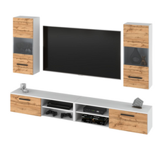 MIRANDA - Hanging TV Unit Set - 4 Cabinets - White Matt / Wotan Oak