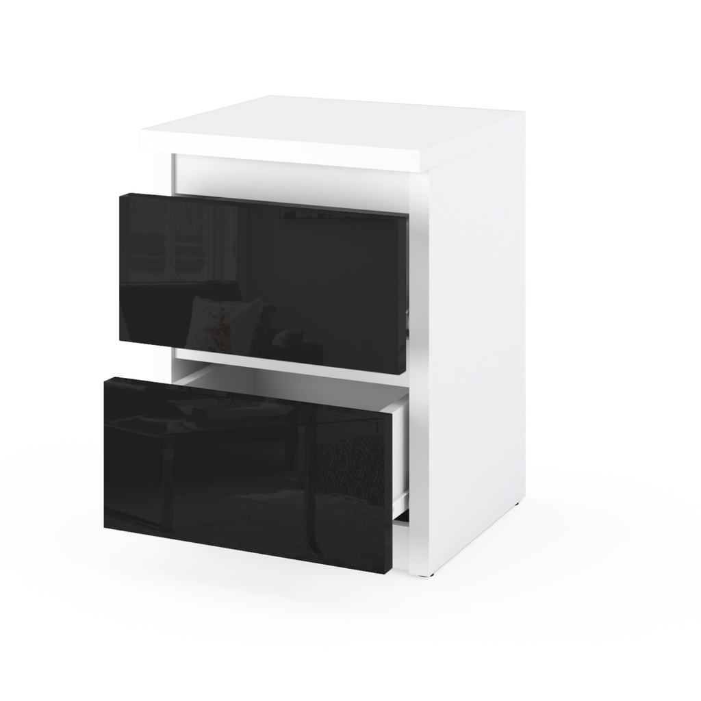 GABRIEL - Bedside Table - Nightstand with 2 drawers - White Matt / Black Gloss H40cm W30cm D30cm