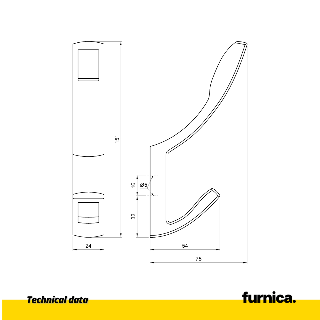 Double modern hanger hook - Vertical - Chrome Matt