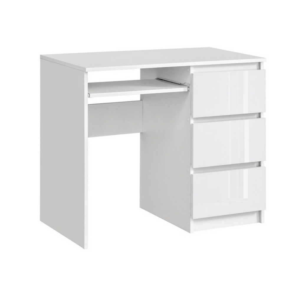 BRUNO - Computer Desk with 3 Drawers and Keyboard Tray H76cm W90cm D50cm Right - White / White Gloss