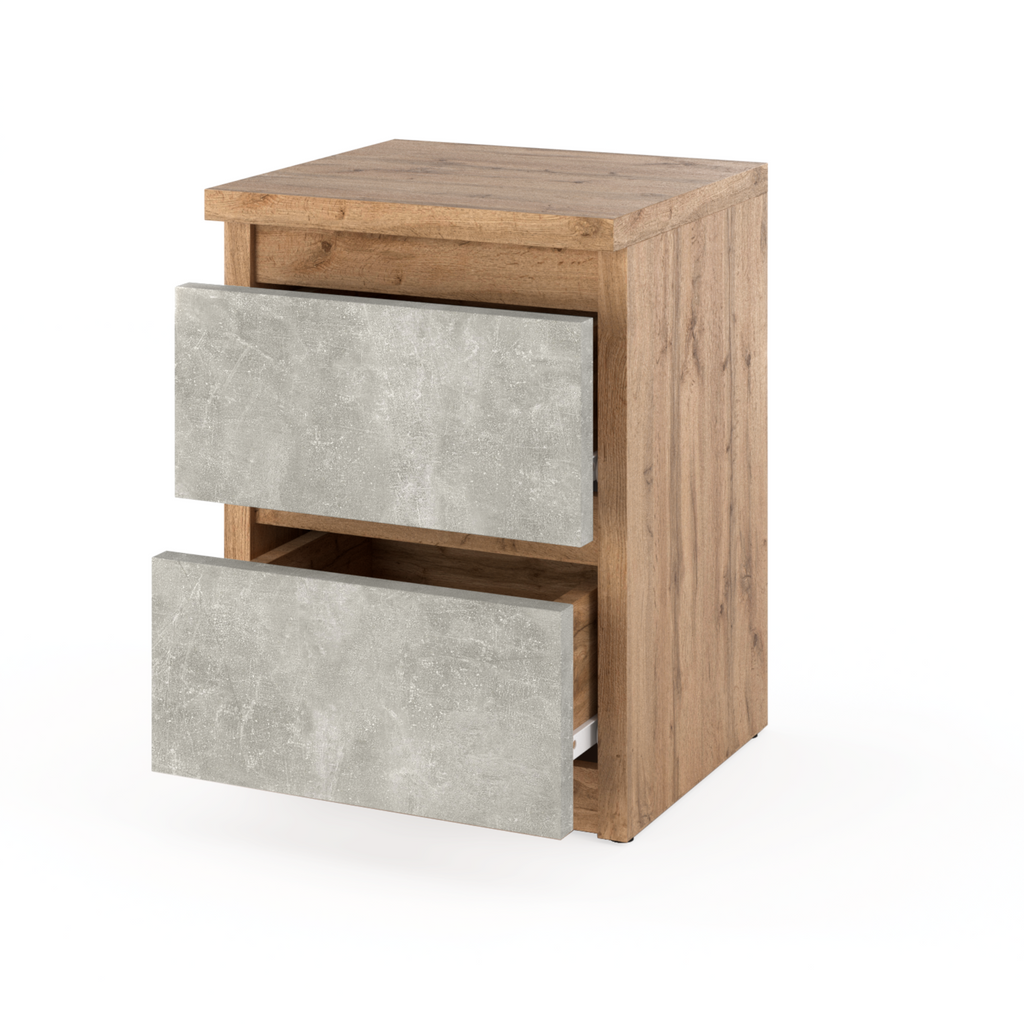 GABRIEL - Bedside Table - Nightstand with 2 drawers - Wotan Oak / Concrete H40cm W30cm D30cm