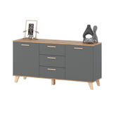 INGRID - Scandinavian Chest of drawers - 3 Drawers, 2 Doors Anthracite Grey / Wotan Oak H75cm W150cm D45cm