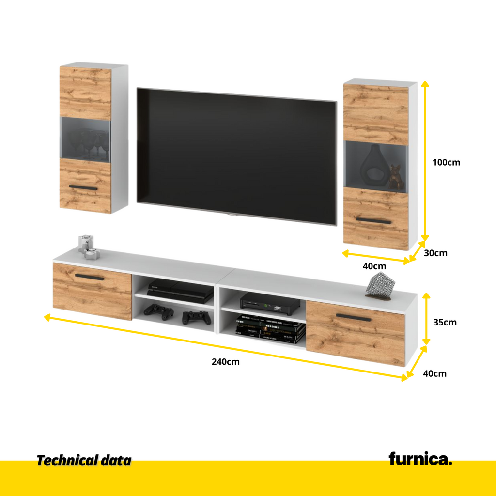 MIRANDA - Hanging TV Unit Set - 4 Cabinets - White Matt / Wotan Oak